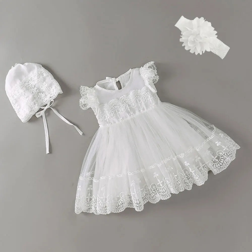 Baby Baptism Gown for Girls with Long Sleeves, Lace Details and Cotton Lining, Dress and Cap Set for Christening and First Birthday Photos