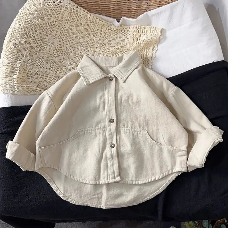 Baby and Toddler Collared Button-Up Shirt with Long Sleeves and Chest Pocket, Beige or Brown Unisex Casual Top for Spring and Fall Family Outfits