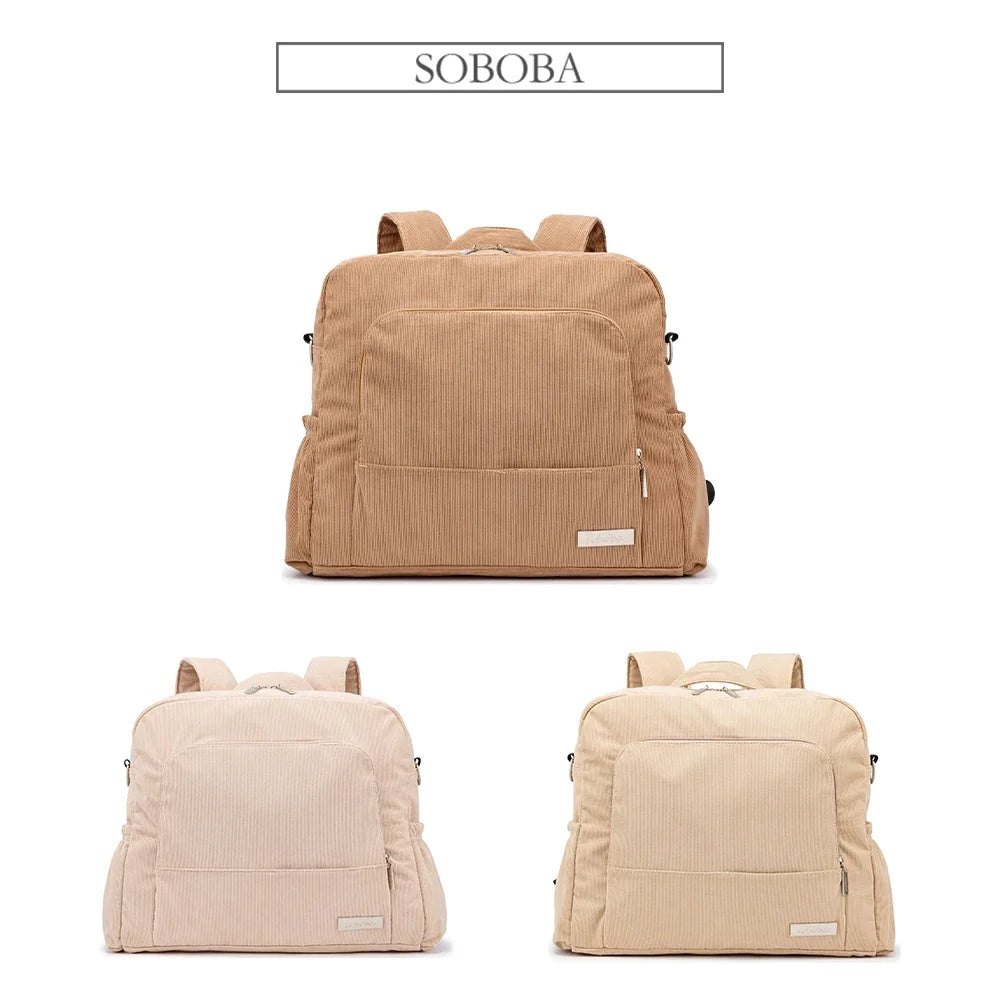 Corduroy Diaper Backpack by Soboba, Large Capacity Baby Changing Bag with Interior Pockets, Front Zip Storage and Side Pockets for Daily Outings