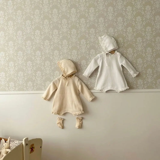 Waffle Baby Girl Bodysuit with Ruffle Trim, Long Sleeve Sweater-Style One-Piece Outfit in Apricot or Off White for Autumn Photos