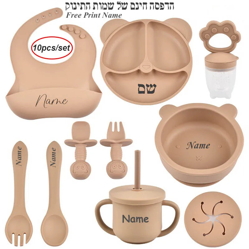 Ten-Piece Personalized Baby Feeding Set with Panda Divided Plate, Suction Bowl, Pocket Bib, Straw Cup and Utensils in Nine Color Options