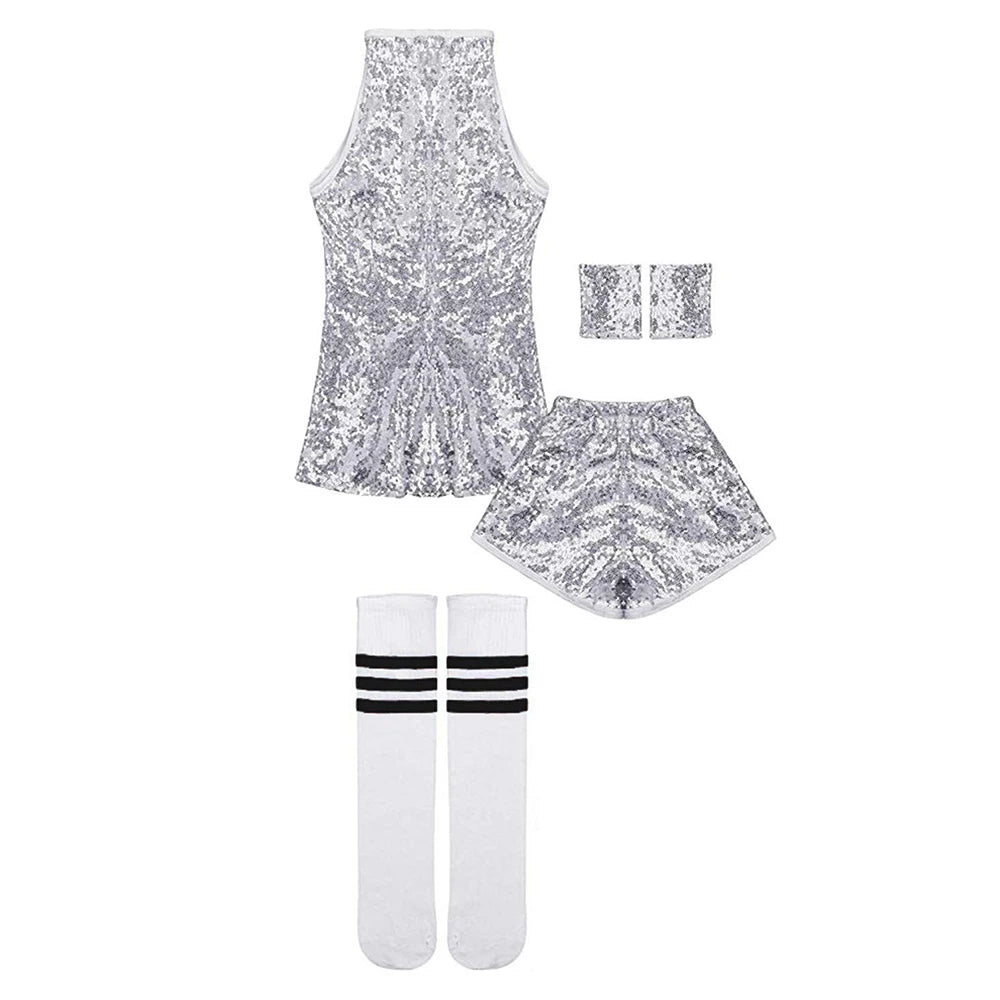 Girls Sequin Jazz Dance Costume with Sleeveless A-Line Dress, Shorts, Socks and Wristbands, Sparkly Hip Hop Stage Outfit for Ages 4-12