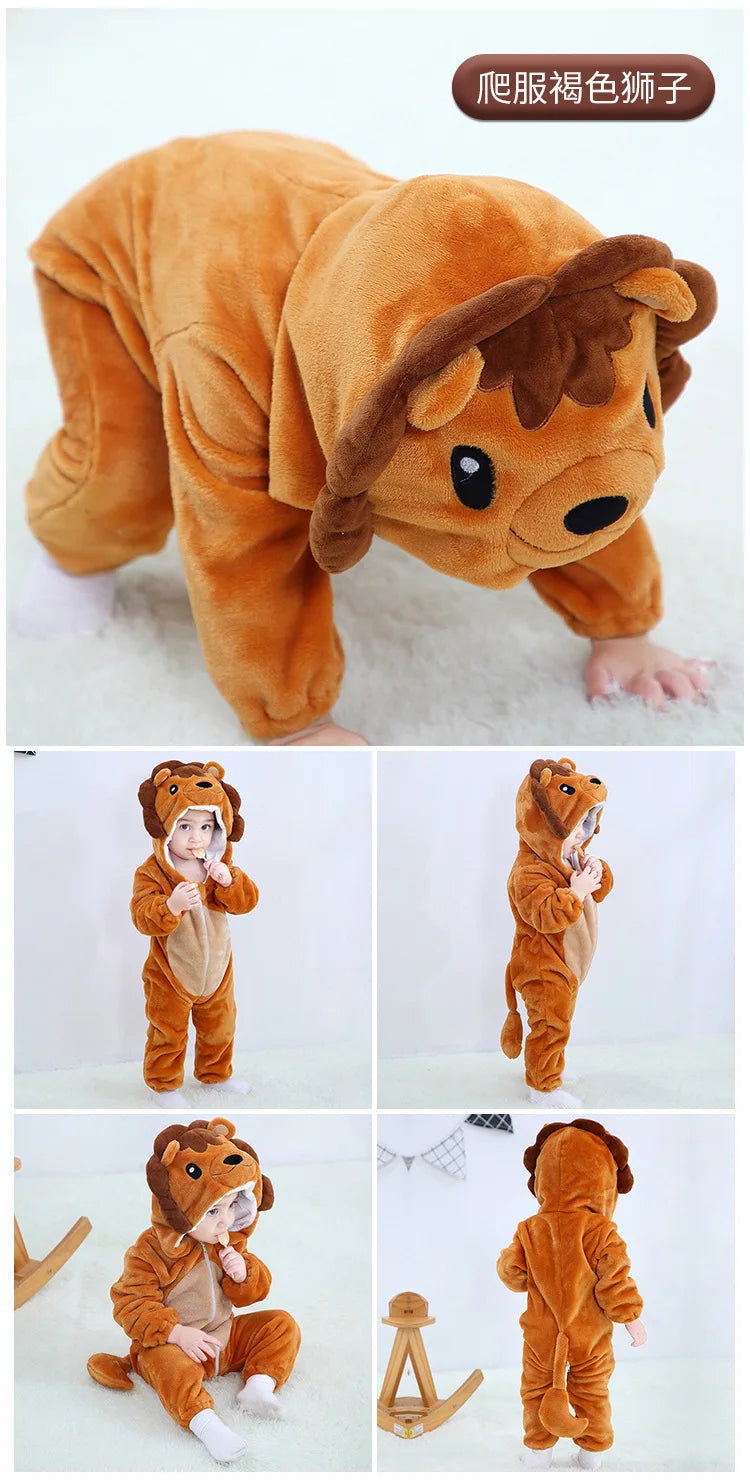 Baby Animal Hooded Costume Jumpsuit with Flannel Styling, Duck, Rabbit, Leopard and More Dress-Up Options for Boys and Girls, Sizes 70-120