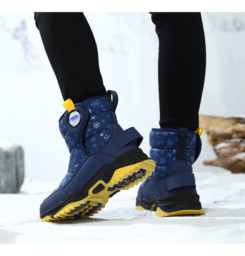 Snowflake Print Kids Winter Boots with Padded Shafts, Pull Tabs and Chunky Tread Soles, Pink Snow-Style Footwear for Boys and Girls
