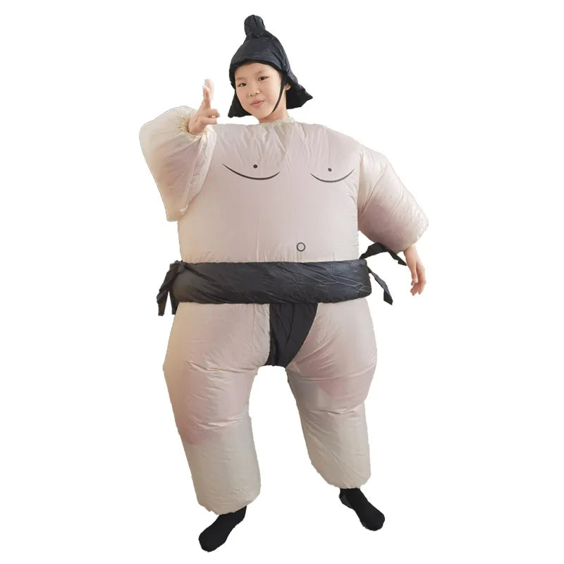 Inflatable Sumo Costume for Kids and Adults, Oversized Wrestler-Style Blow-Up Suit with Colorful Belt Design for Halloween and Cosplay Parties