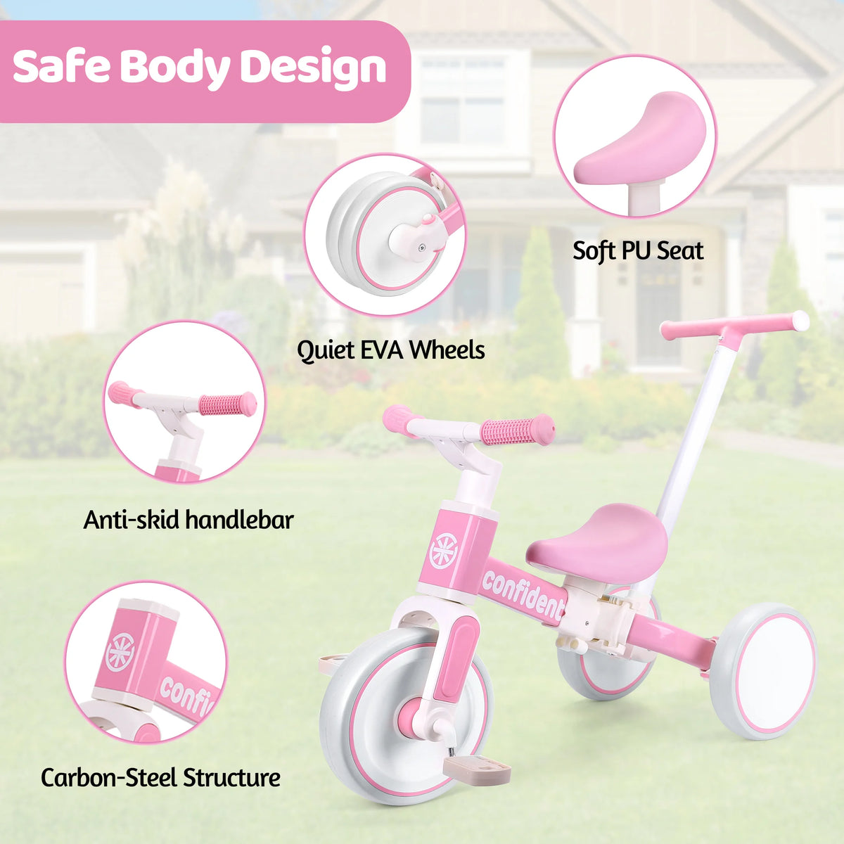 Toddler Tricycle 3-in-1 with Parent Push Handle, Pink Ride-On with Quiet EVA Wheels, Carbon Steel Frame and Adjustable Seat for Ages 1ā4