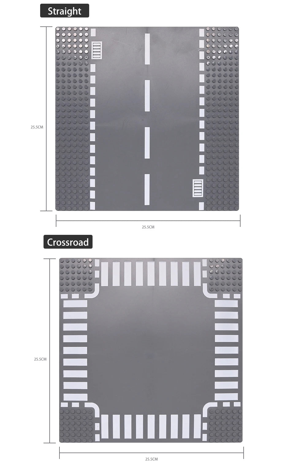 City Road Building Block Base Plates, 25.5 x 25.5 cm Single-Sided Street Panels for Brick Town Layouts, Traffic Scenes and Creative Construction Play