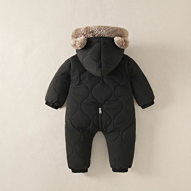 Baby Quilted Hooded Jumpsuit with Bear Ears, Plush-Look Hood Trim and Front Zipper, Long Sleeve Winter One-Piece Clothing for Infants and Toddlers