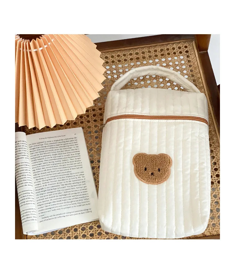 Quilted Diaper Bag with Bear Applique, Beige Cotton Zippered Baby Essentials Organizer with Carry Handle for Moms and Everyday Outings