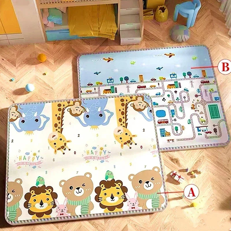 Double-Sided Baby Floor Mat with Animal and Scene Prints, Foldable Foam Crawling Rug in Five Size and Thickness Options for Supervised Play