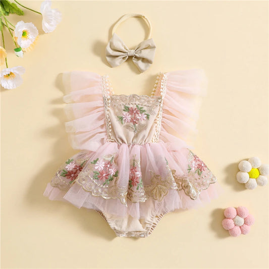 Baby Girl Lace Romper Set with Bow Headband, Pink Floral Embroidery and Flutter Sleeves, Summer One-Piece Outfit for 0-24 Months