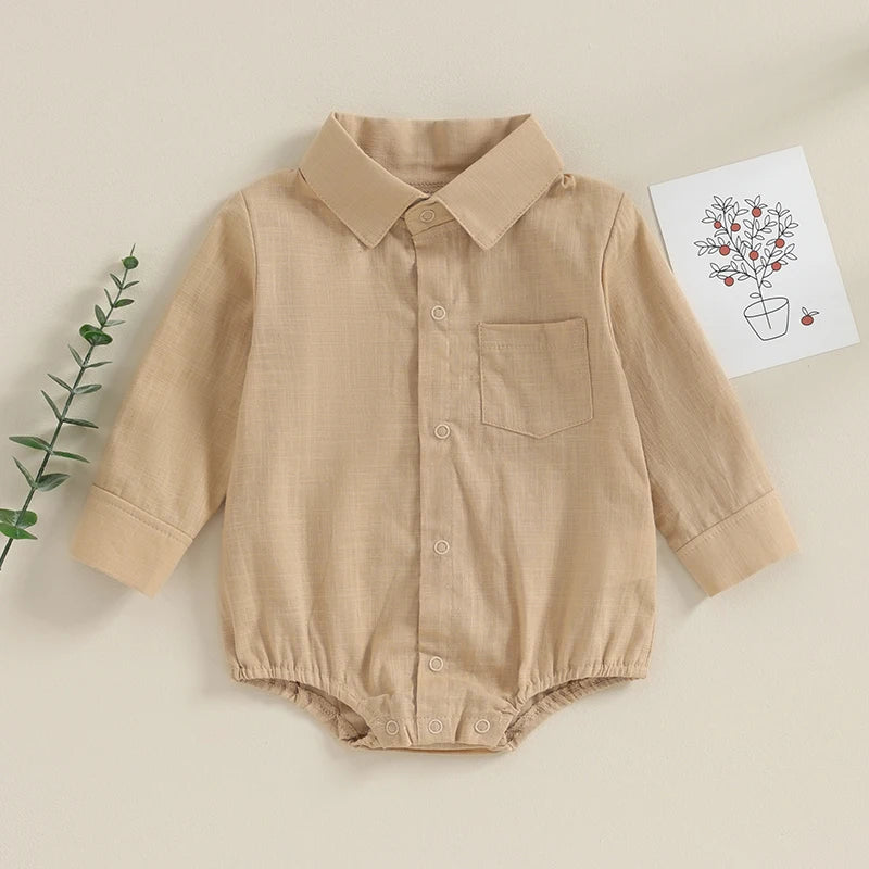 Baby Boy Collared Romper with Long Sleeves, Chest Pocket and Snap Front, Solid Color Cotton Blend Gentleman Outfit for Photos, 0-24 Months