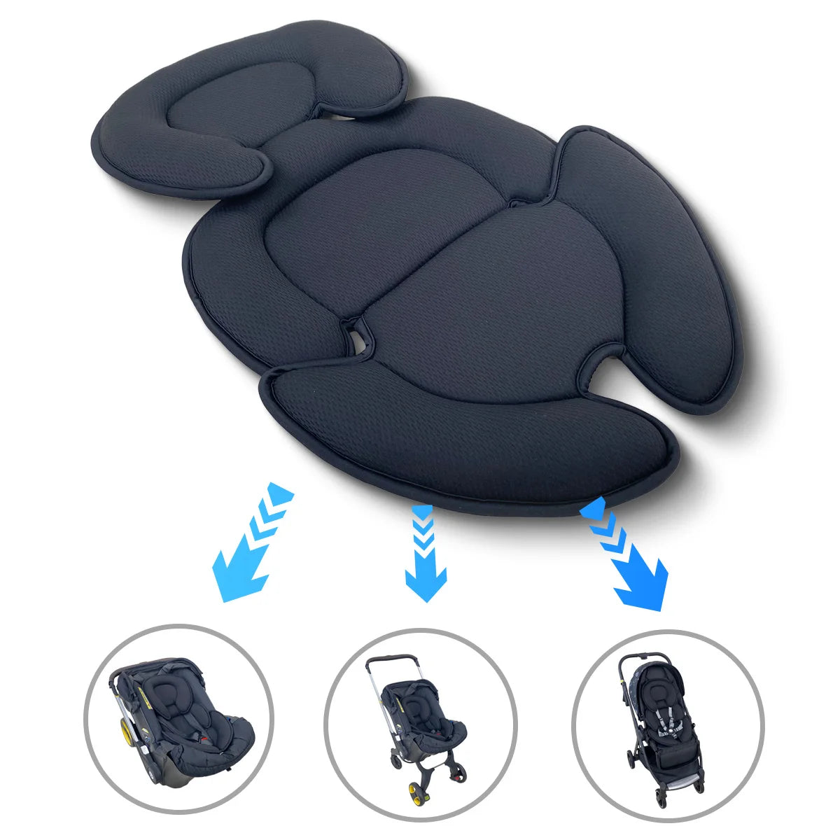 Padded Stroller Seat Insert with Contoured Head and Body Sections, Washable Polyester-Filled Cushion in Black or Gray for Manufacturer-Approved Use
