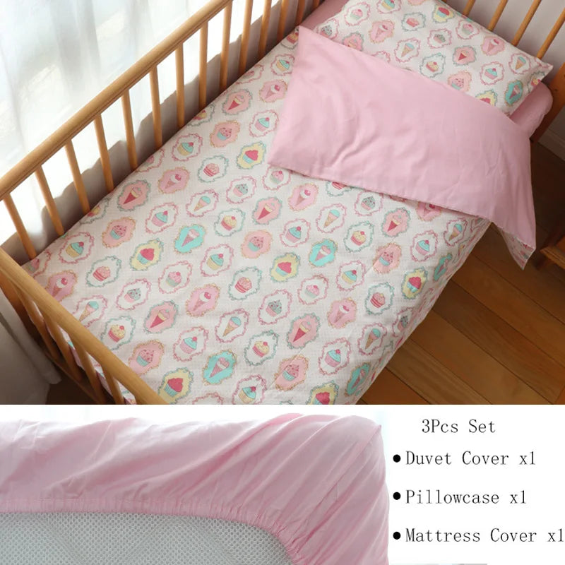 Cotton Toddler Bedding Set, 3-Piece Printed Duvet Cover and Pillowcase with Flat Sheet or Mattress Cover, Kids Room Bed Linens