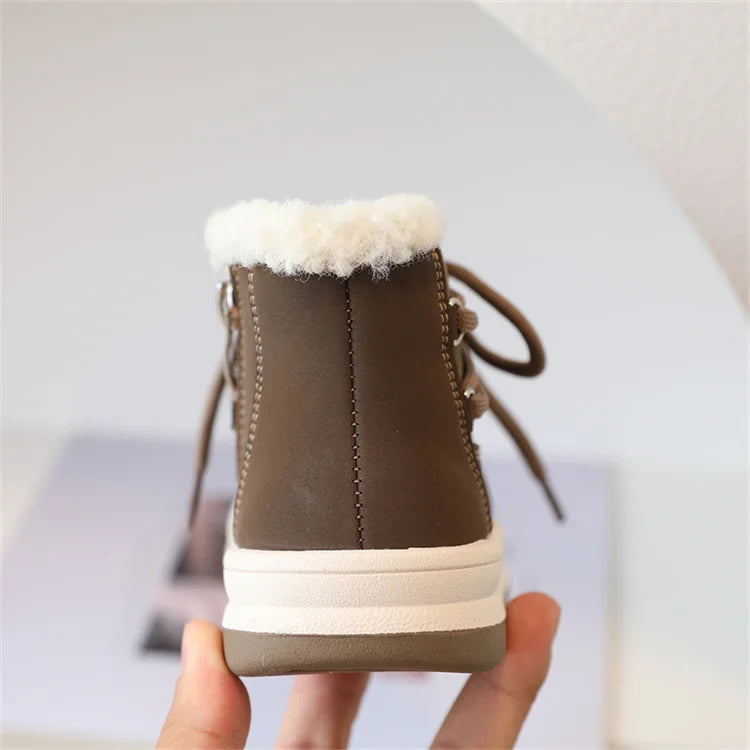 Toddler Fuzzy Trim Ankle Boots with Lace-Up Front and Side Zippers, Plush Winter Styling and Rubber Soles for Boys and Girls, Sizes 21–30
