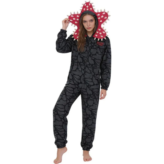 Demogorgon Costume for Kids and Adults, Black Flannel Monster Hooded Jumpsuit with Flower Face Design for Halloween Parties and Cosplay