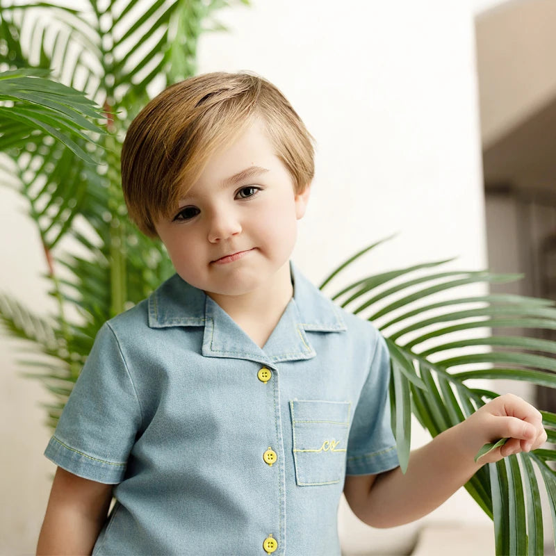 Light Blue Denim Sibling Outfits, Cotton Boys Shirts and Shorts, Girls Dresses and Skirts, Baby Rompers and Overalls for Matching Family Looks