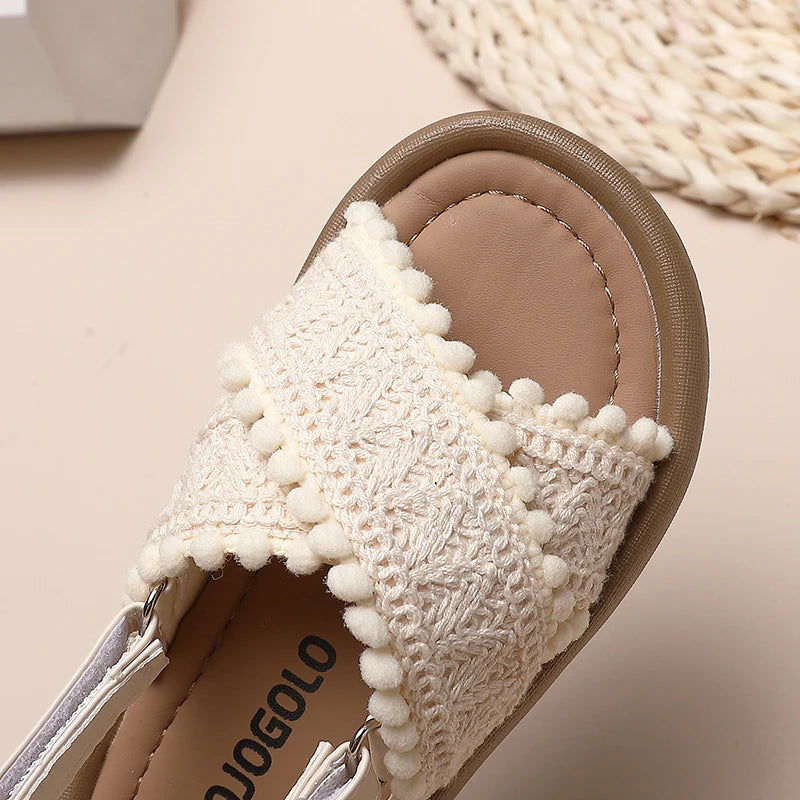 Girls Cross Strap Sandals with Textured Trim and Open Toe Design, Brown or Beige Retro Summer Shoes for Casual Outfits and Vacation Photos