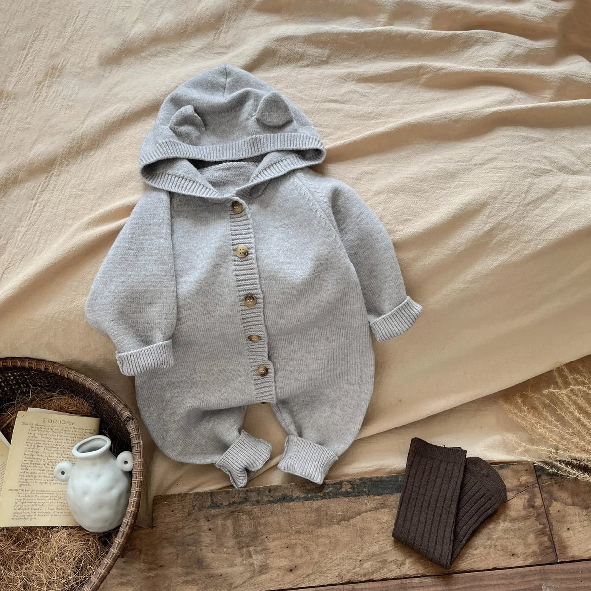 Round Ear Hooded Baby Knit Jumpsuit with Button Front and Ribbed Cuffs, Footless Spring and Fall Romper in Brown, Light Grey or Dark Grey