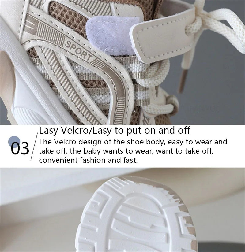 Children Mesh Sports Sneakers with Layered Panels, Lace and Strap Styling for Boys and Girls, Casual Spring and Fall Shoes in Red, Khaki or Black