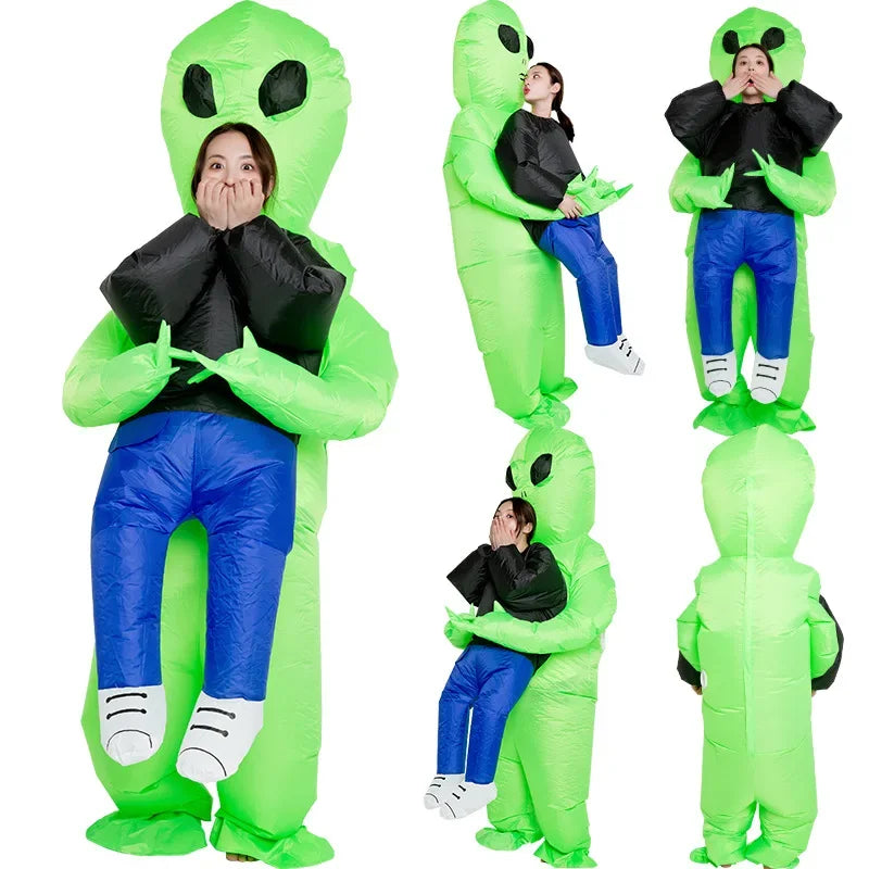 Carry-Me Alien Inflatable Costume for Kids and Adults, Green Abduction Illusion Suit with Fan and Battery Case for Halloween Parties and Stage Shows