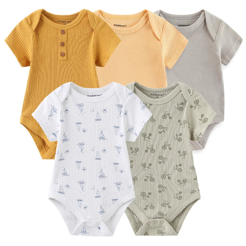 Infant Cotton Bodysuits 5-Pack with Short Sleeves and Envelope Shoulders, Solid Colors and Playful Prints for Baby Boys and Girls, Sizes 3M-12M