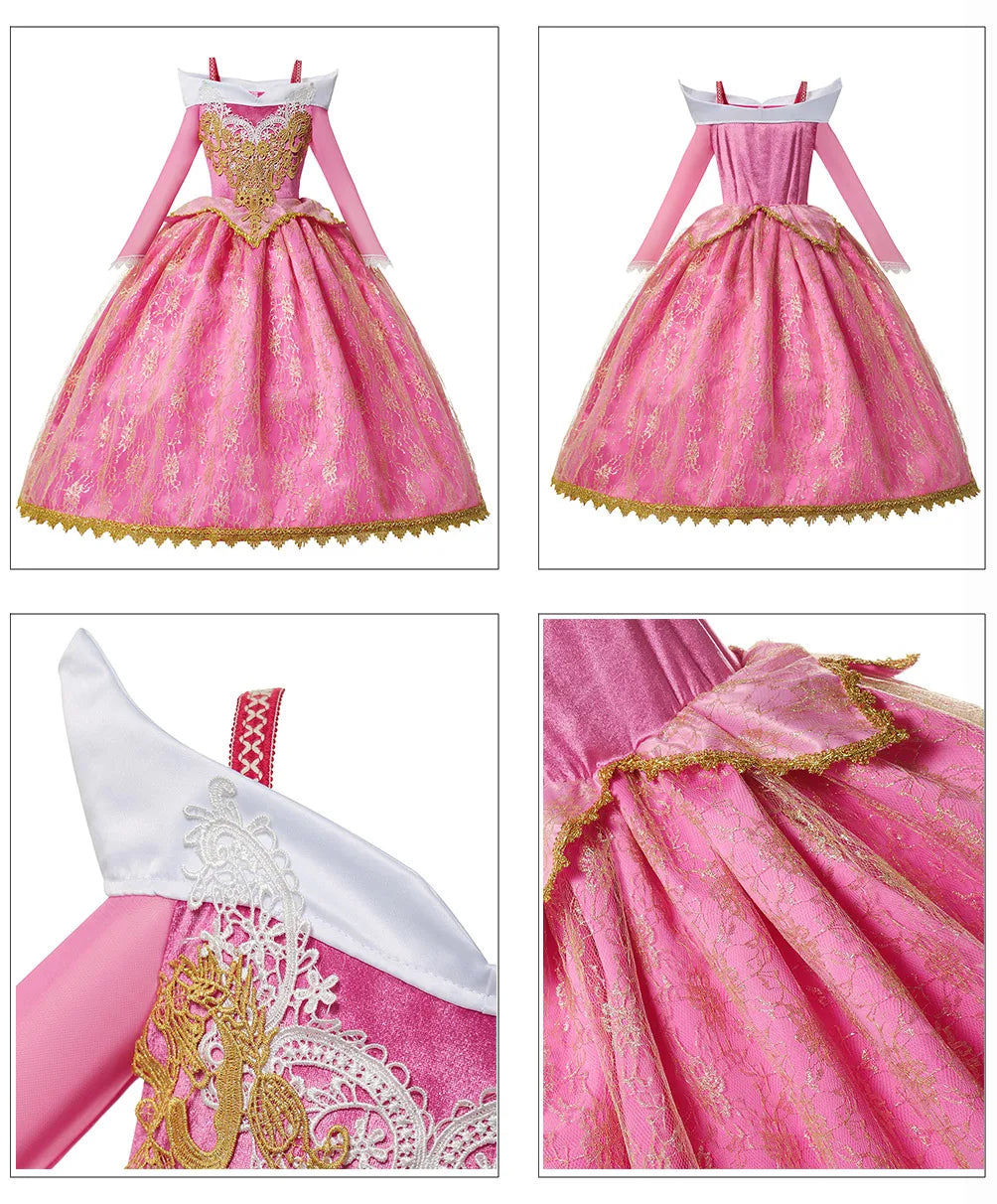 Pink Princess Costume Dress for Girls with Gold-Tone Detailing and Long Sleeves, Aurora-Inspired Party Dress-Up with Selectable Bundle Options