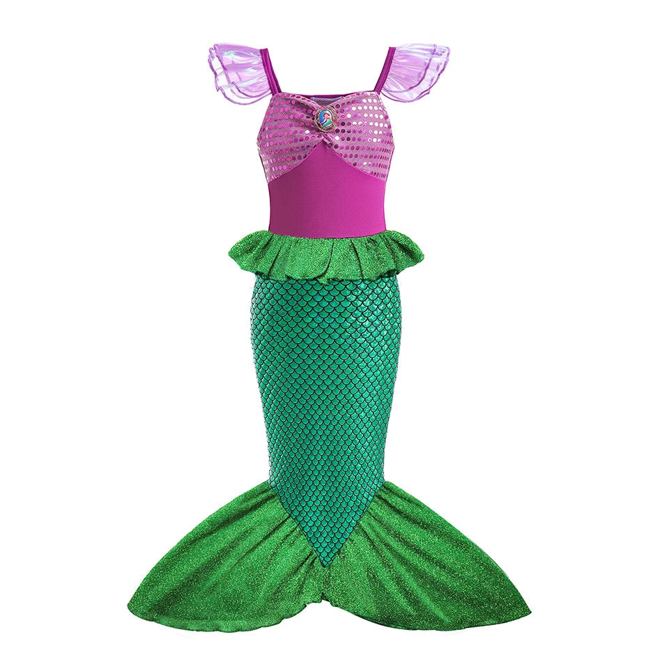Mermaid Costume Dress for Girls with Purple Bodice, Green Scale-Pattern Skirt and Fishtail Hem for Birthdays, Halloween and Princess Dress-Up