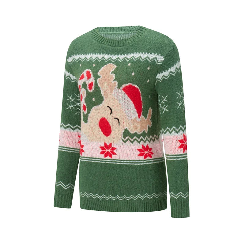 Reindeer Family Christmas Sweaters in Red or Green, Matching Mom Dad and Kids Long Sleeve Crewneck Pullovers for Holiday Photos and Parties