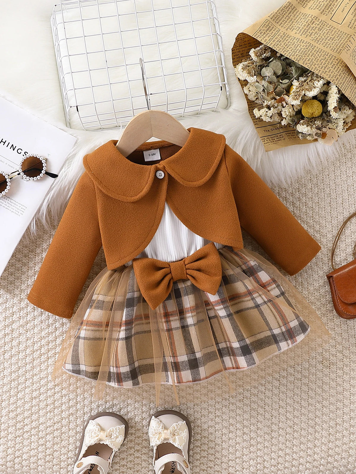 Infant Girl Plaid Tulle Dress Set with Bow Waist and Cropped Peter Pan Collar Jacket, Two-Piece Khaki Outfit for Family Photos, 0-24 Months