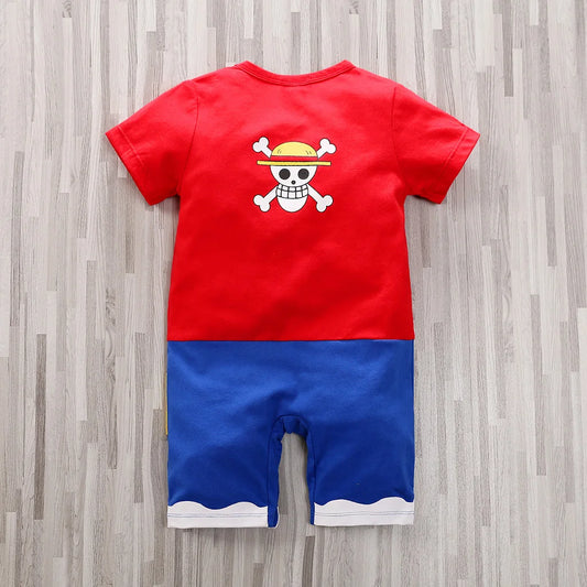 Pirate Costume Baby Romper, Red and Blue Cotton Short Sleeve One-Piece with Printed Vest and Yellow Sash for Anime Photos, 0-18M