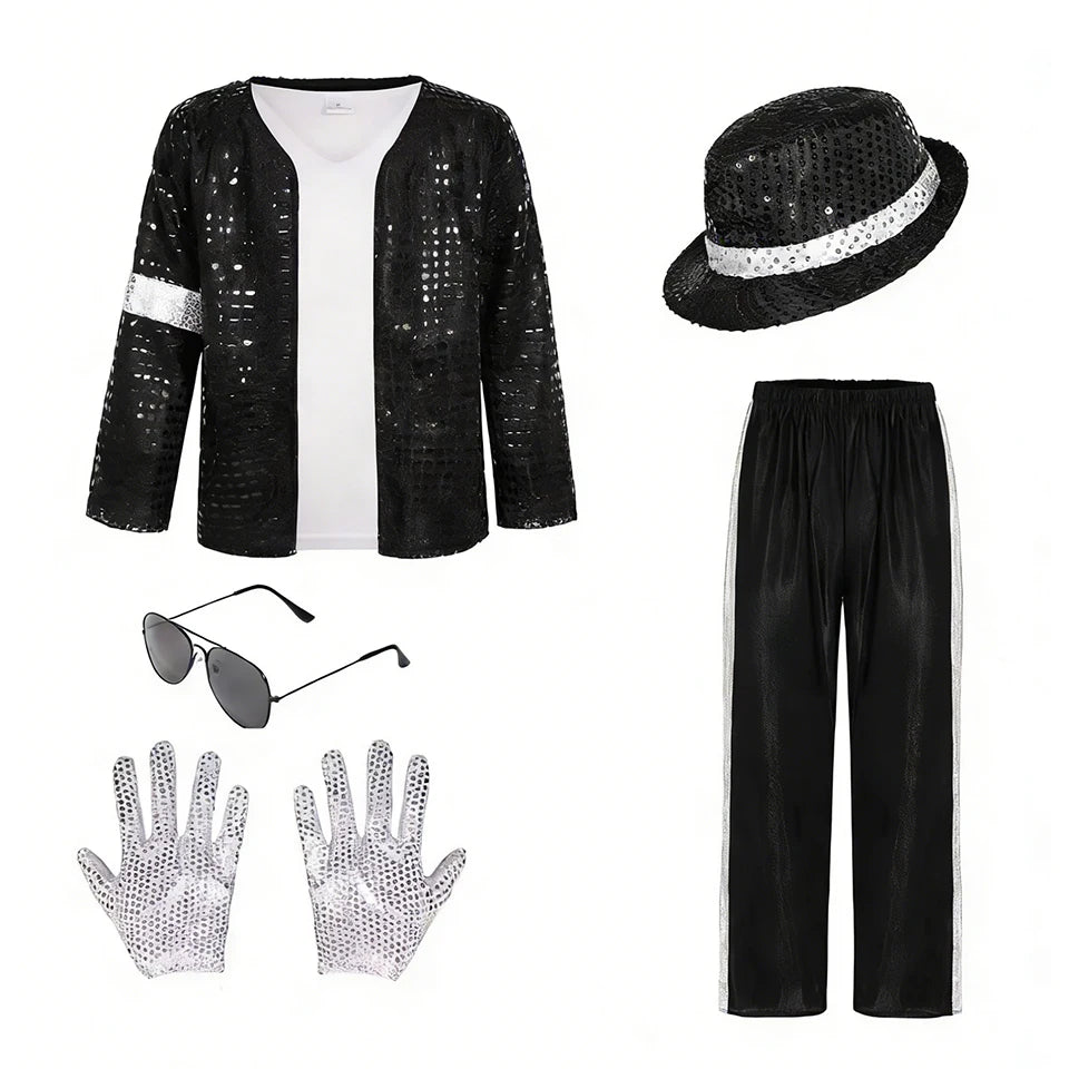 Kids Pop Star Costume with Black Sequin Jacket and Pants Set Options, Retro Dance Performance Outfit for Halloween and Parties, Sizes S-XL