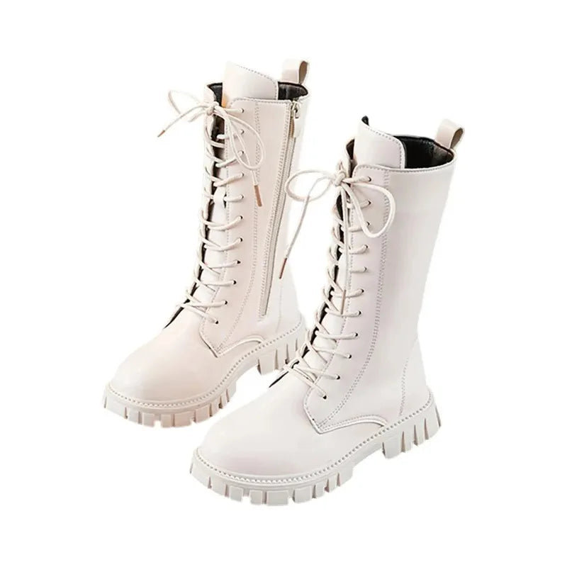 Girls Mid-Calf Lace-Up Boots with Side Zippers, Chunky Lug-Style Soles and Back Pull Tabs, Fall Winter Fashion Footwear in Sizes 27-36