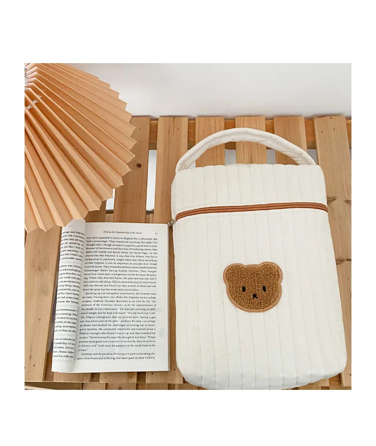 Quilted Diaper Bag with Bear Applique, Beige Cotton Zippered Baby Essentials Organizer with Carry Handle for Moms and Everyday Outings