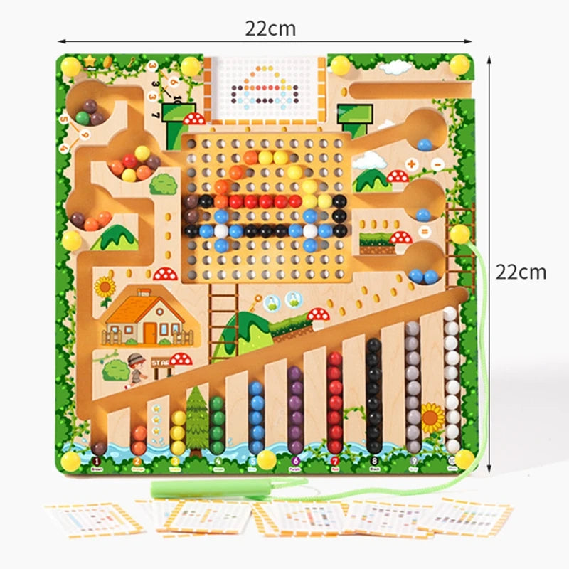 Magnetic Color Sorting Maze Board, Wooden Bead Puzzle with Tethered Wand for Montessori-Inspired Color Matching, Counting and Route Planning