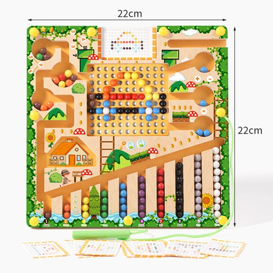 Magnetic Color Sorting Maze Board, Wooden Bead Puzzle with Tethered Wand for Montessori-Inspired Color Matching, Counting and Route Planning