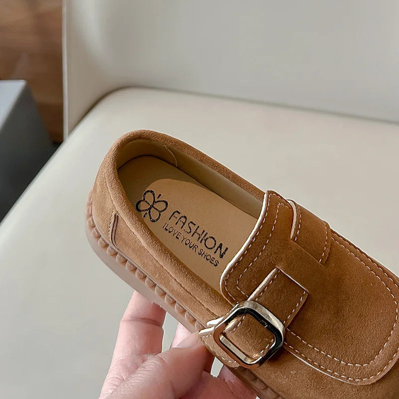 Girls Buckle Loafers with Rounded Toe and Stitched Detail, Brown or Khaki Casual Flats for School Outfits, Spring and Fall Days