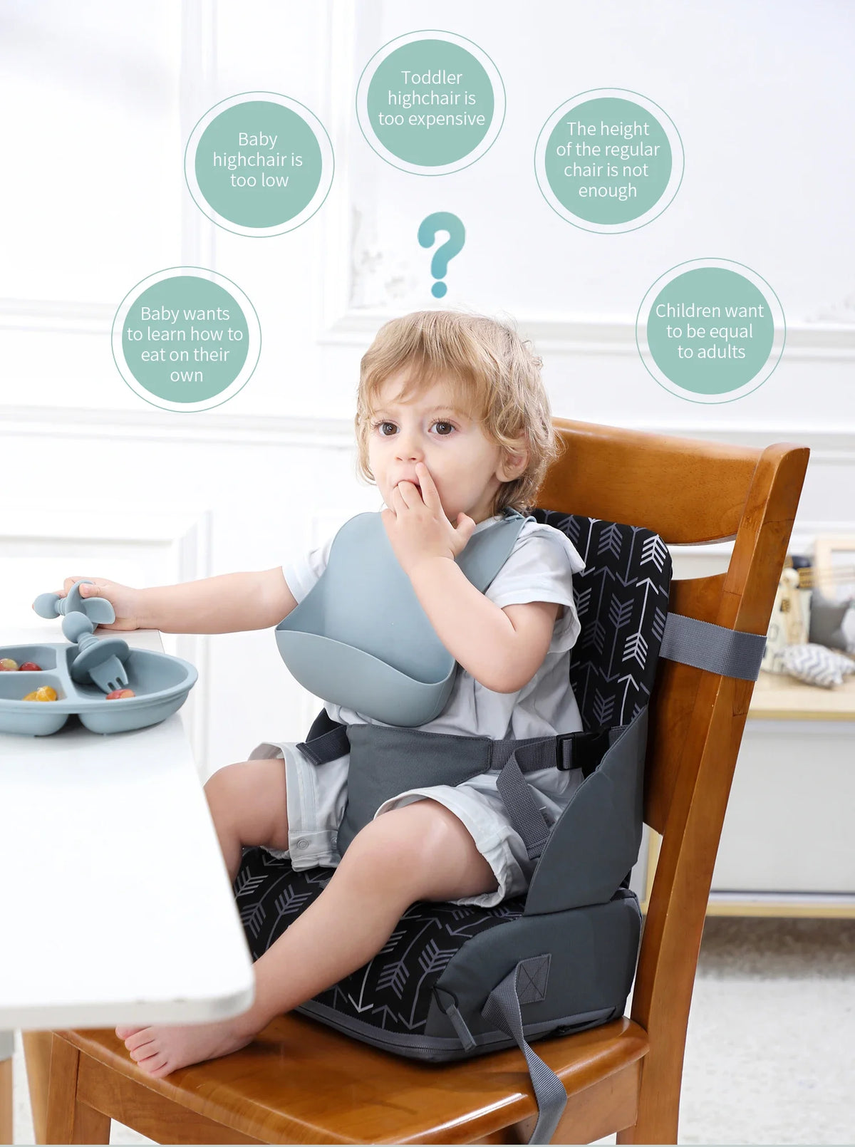 Portable Dining Booster Cushion by INSULAR, Foldable Toddler Chair Seat Pad with Backrest and Buckle Straps for Supervised Home and Away Meals