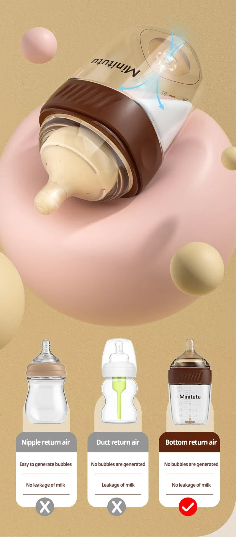 Glass Baby Feeding Bottle, Borosilicate Milk Bottle with Silicone Nipple and Bottom Air Return Valve, 80 mL, 160 mL and 240 mL Infant Options