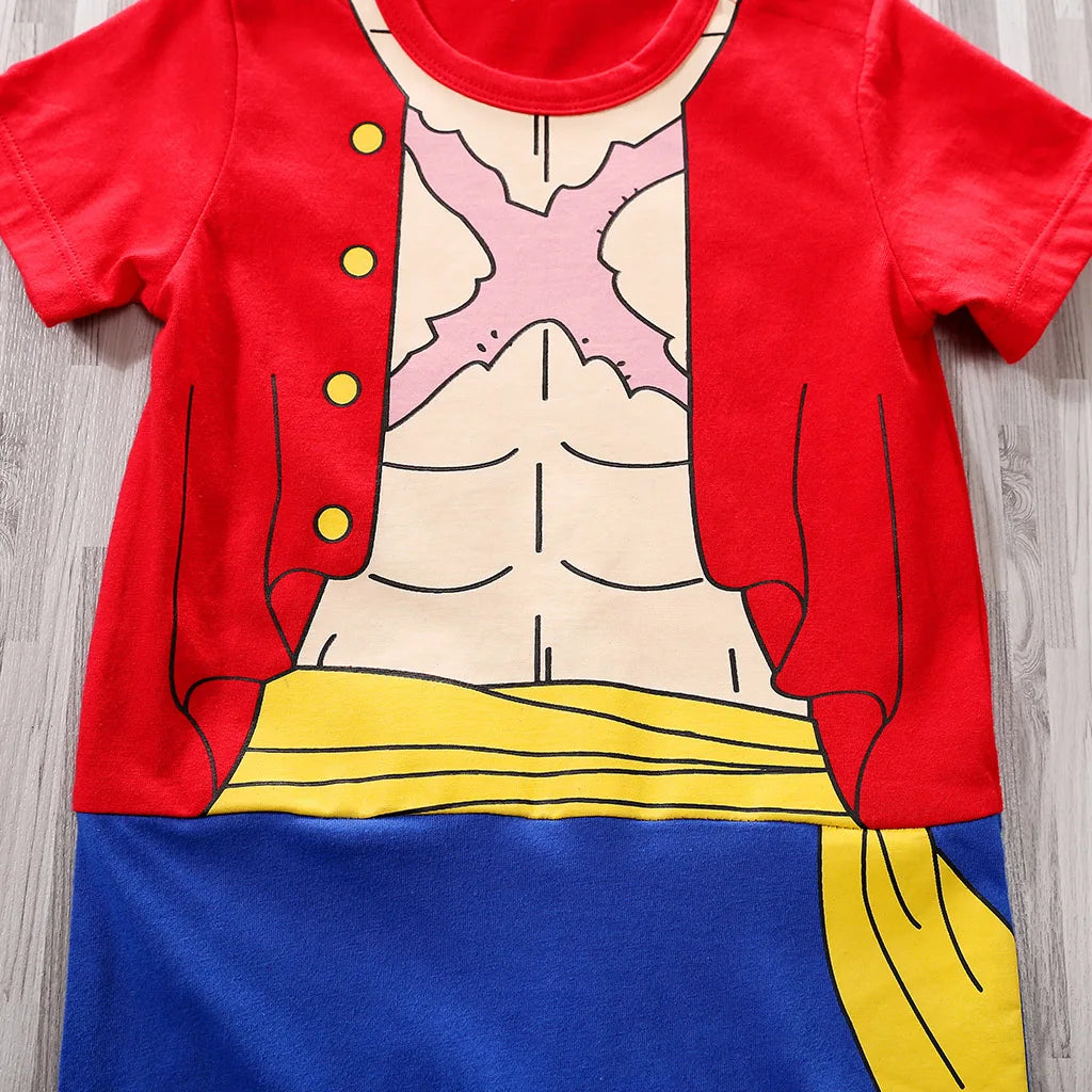 Pirate Costume Baby Romper, Red and Blue Cotton Short Sleeve One-Piece with Printed Vest and Yellow Sash for Anime Photos, 0-18M