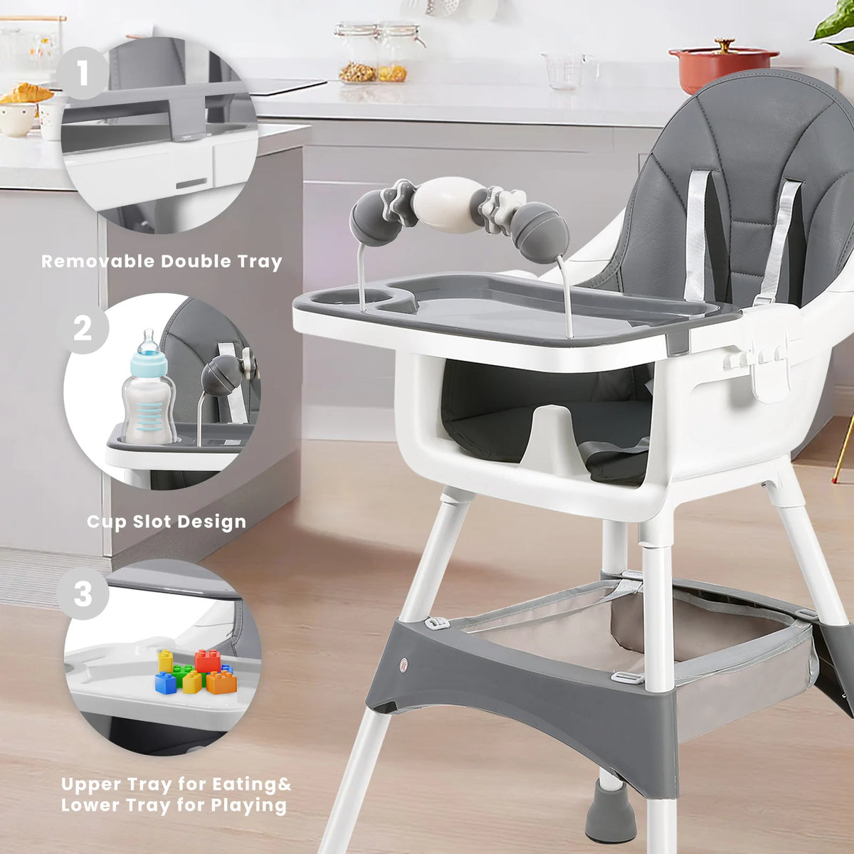 Baby Dining High Chair with Removable Double-Layer Tray, Convertible Toddler Seating with Adjustable Footrest and Toy Rack for Family Mealtimes