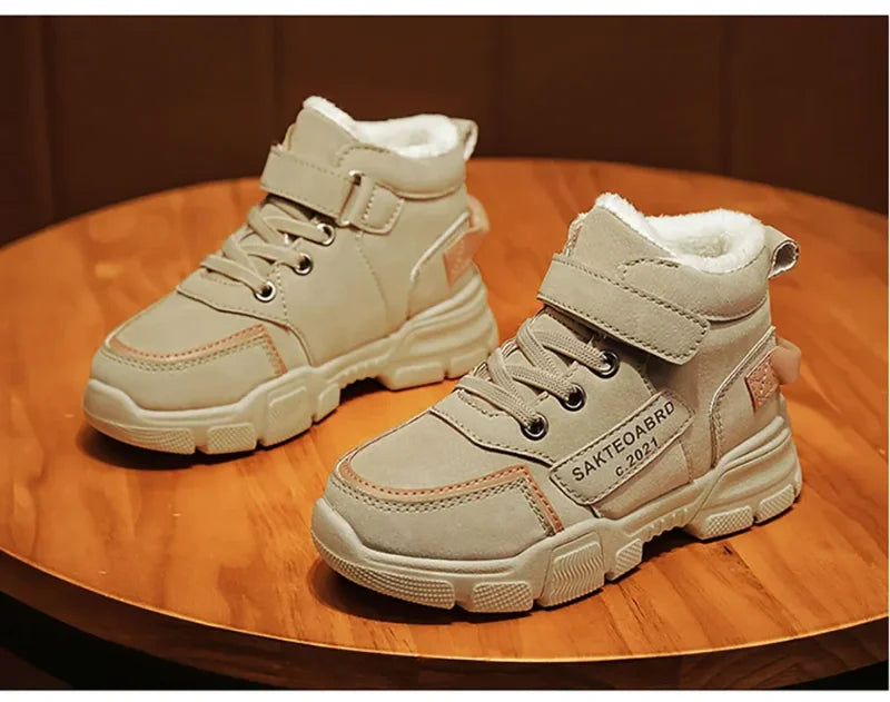 Kids Plush-Lined Winter Boots with Hook-and-Loop Ankle Strap and Lace-Up Front, Gray or Khaki High-Top Casual Shoes with Chunky Sole in Sizes 26–37