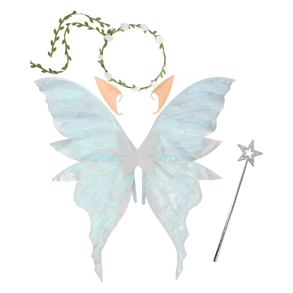 Fairy Wings Costume Set with Organza Butterfly Wings, Elf Ears, Floral Wreath and Star Wand for Halloween, Fantasy Parties and Dress-Up