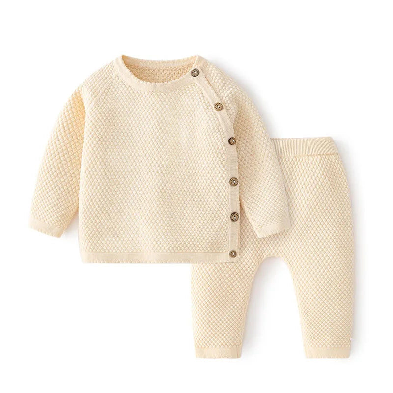 Baby Cotton Knit Sweater Set with Side Buttons and Matching Pants, Textured Two-Piece Outfit for Boys and Girls, Newborn to Toddler Sizes