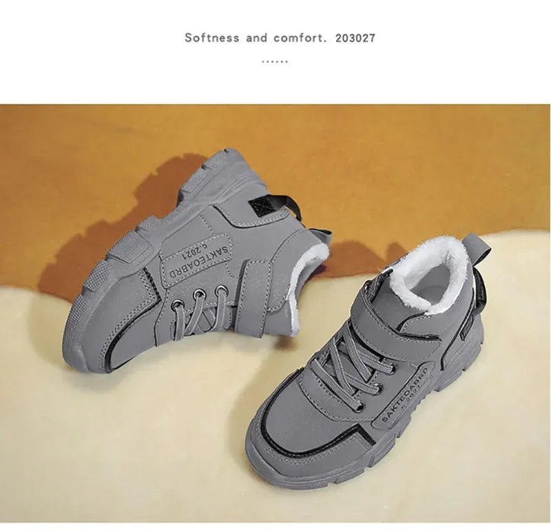 Kids Plush-Lined Winter Boots with Hook-and-Loop Ankle Strap and Lace-Up Front, Gray or Khaki High-Top Casual Shoes with Chunky Sole in Sizes 26–37