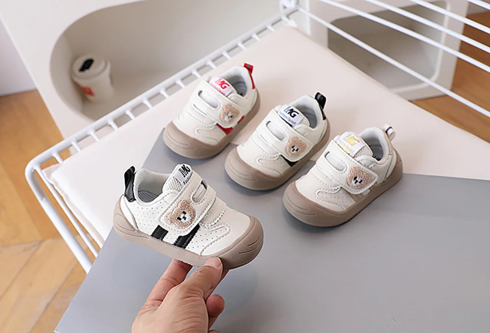 Toddler Bear Sneakers with Hook-and-Loop Strap, Perforated Upper and Striped Sides, Baby Boys and Girls Casual Shoes in Black Gold or Red, Sizes 16-25