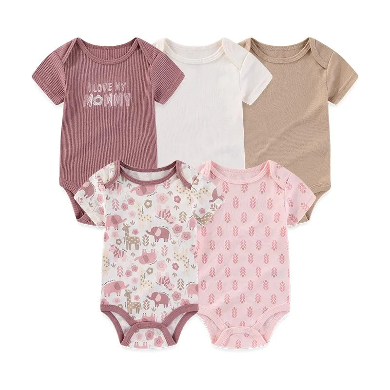 Baby Bodysuit Multipack in Cotton, 4- or 5-Piece Short Sleeve Infant Clothing with Printed and Solid Designs for Boys and Girls, Sizes 3M-12M