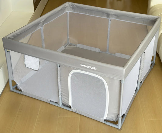 Padded Baby Playpen by PANGDUBE, Gray Mesh Activity Yard with External Zipper Door, Storage Pocket and Five Size Options for Supervised Play