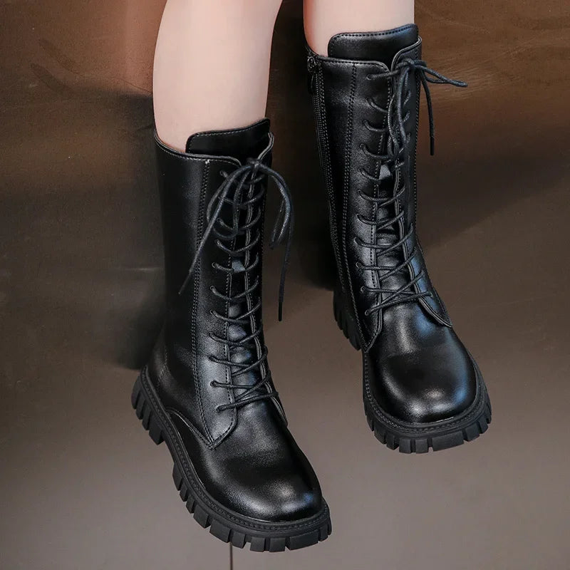 Girls Lace-Up Combat Boots with Side Zipper, Round Toe and Chunky Tread Sole, Mid-Calf Fashion Boots in Black or Beige for Fall and Winter Casual Outfits
