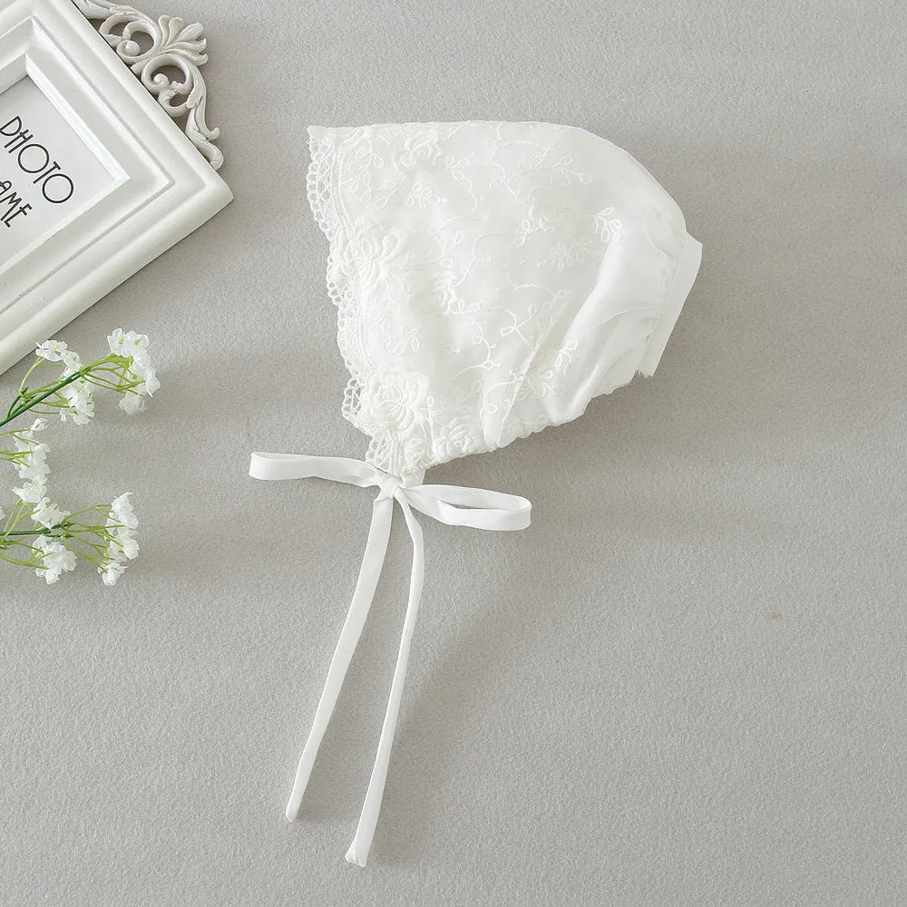 Baby Baptism Gown for Girls with Long Sleeves, Lace Details and Cotton Lining, Dress and Cap Set for Christening and First Birthday Photos